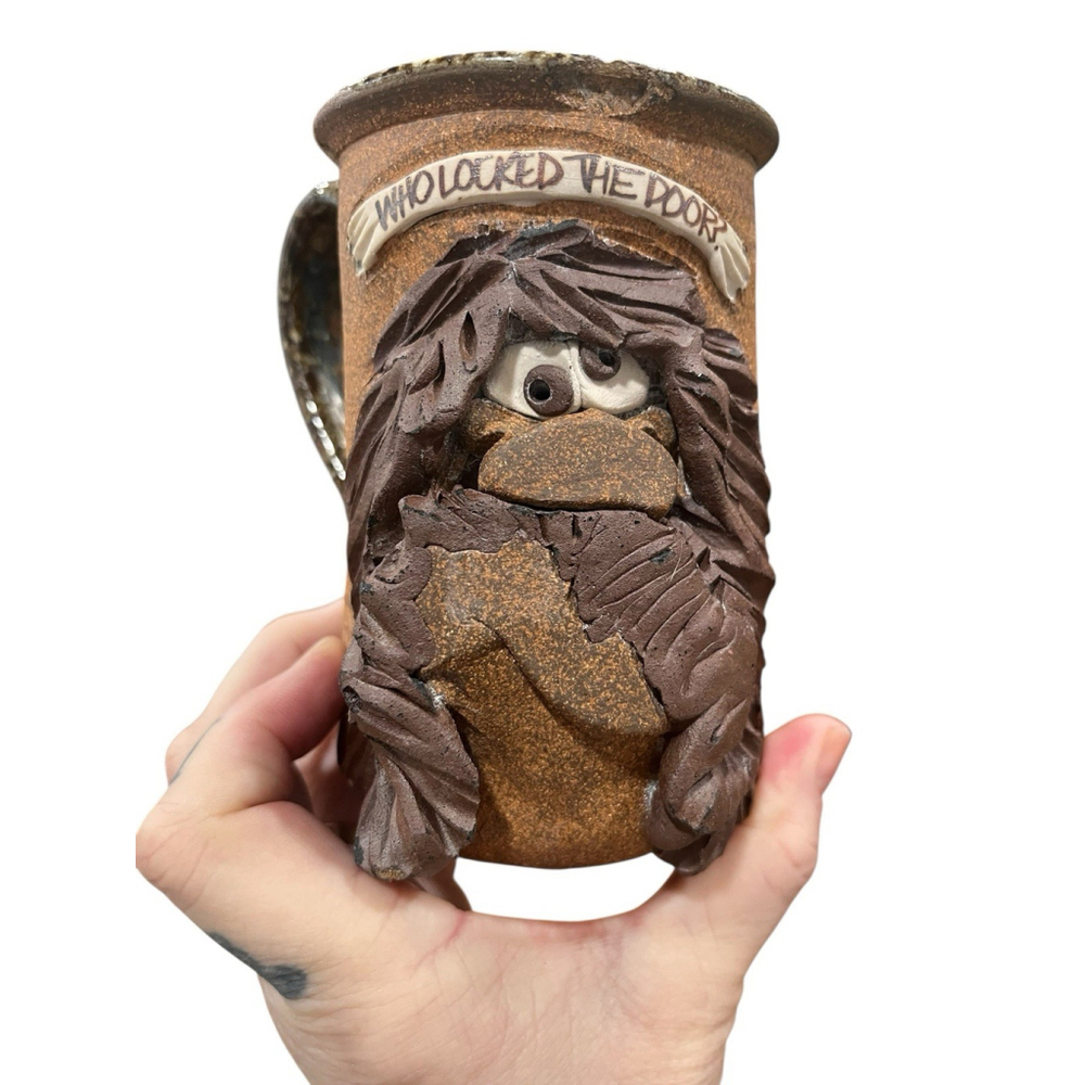 Ugly Mug 3D Bearded Face WHO LOCKED THE DOOR?Coffee Cup Studio Pottery 1970’s